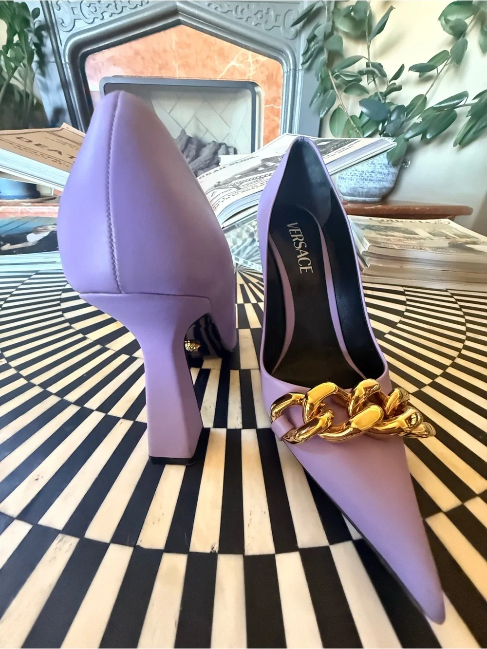 Versace Lilac Pointed-Toe Pumps with Gold Chain